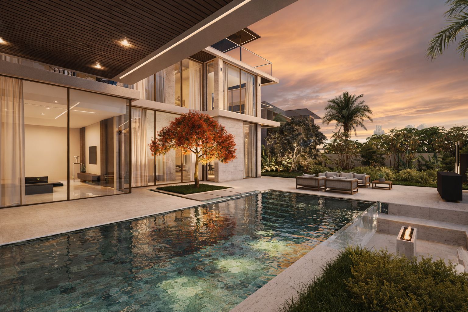 • Luxury villa exterior in Palm Jumeirah or Emirates Hills showing layered transitions